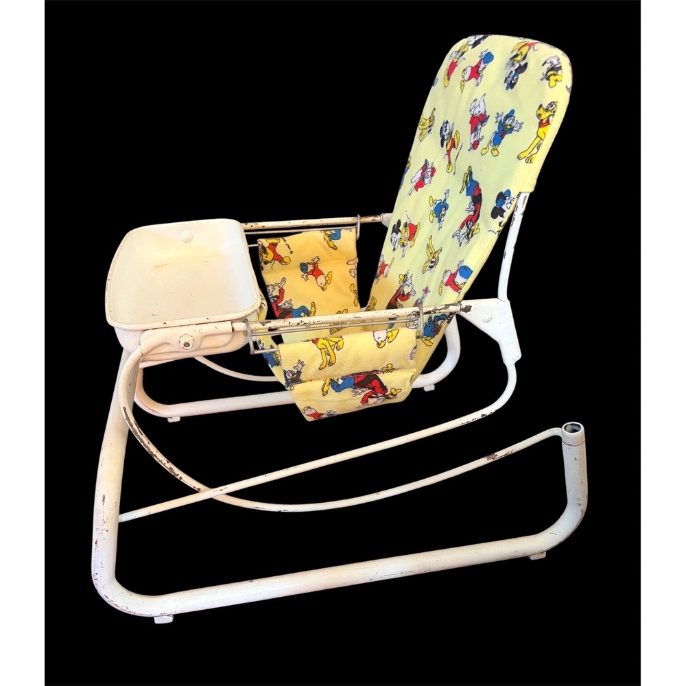 Vtg 50s Cosco Baby Bouncer Mickey Mouse Cover Baby Rocker Chair Yellow Metal
